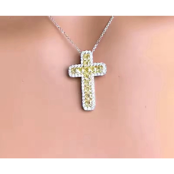 NEW White Gold‎ Filled Synthetic Diamond Citrine Cross Pendant Necklace, 16-18” - Picture 8 of 10